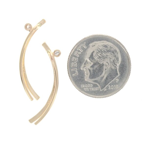 Yellow Gold Diamond Crescent Ear Climber Earrings 14k Round Cut Curved Hammered - Picture 3 of 4